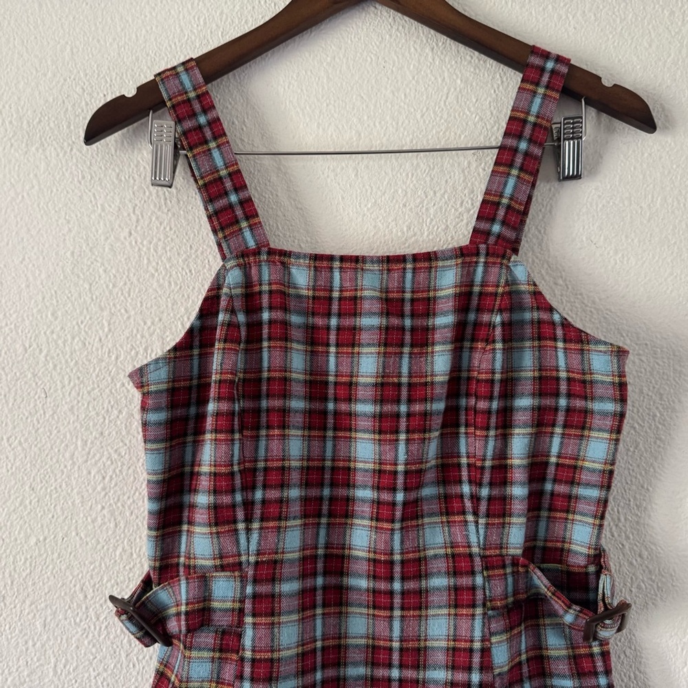 Y2K Preppy Plaid Mini Jumper Dress Tartan Square Neck Buckle Large Grunge - Picture 5 of 13